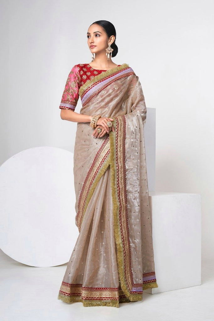 Mauve Designer Jimmy Choo Saree with Heavy Zari, Dori & Multi-Size Sequins Work | Bangalori Silk Blouse ClothsVilla