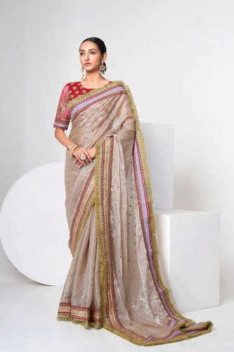 Mauve Designer Jimmy Choo Saree with Heavy Zari, Dori & Multi-Size Sequins Work | Bangalori Silk Blouse ClothsVilla