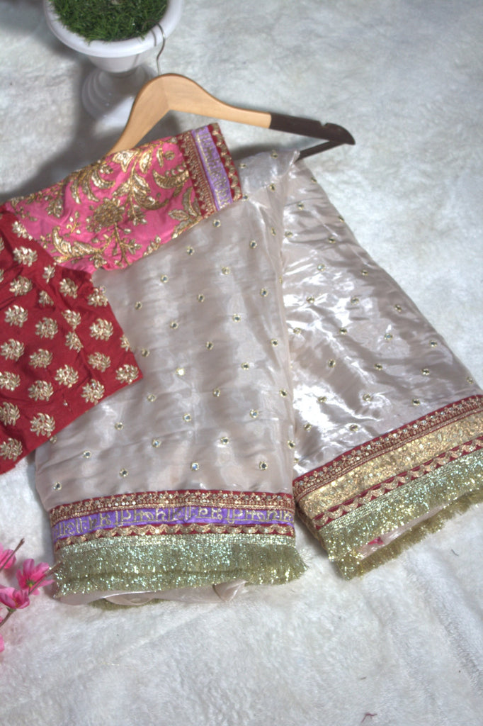 Mauve Designer Jimmy Choo Saree with Heavy Zari, Dori & Multi-Size Sequins Work | Bangalori Silk Blouse ClothsVilla