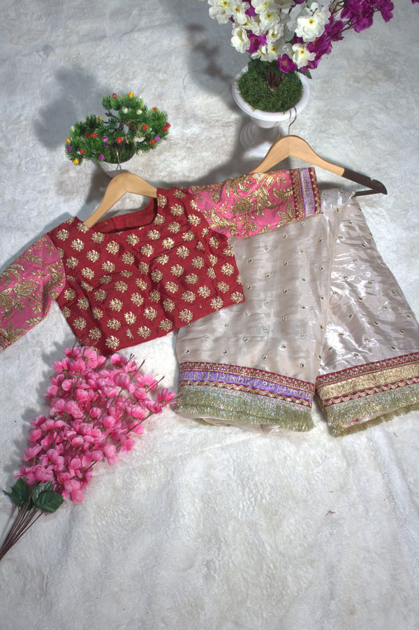 Mauve Designer Jimmy Choo Saree with Heavy Zari, Dori & Multi-Size Sequins Work | Bangalori Silk Blouse ClothsVilla