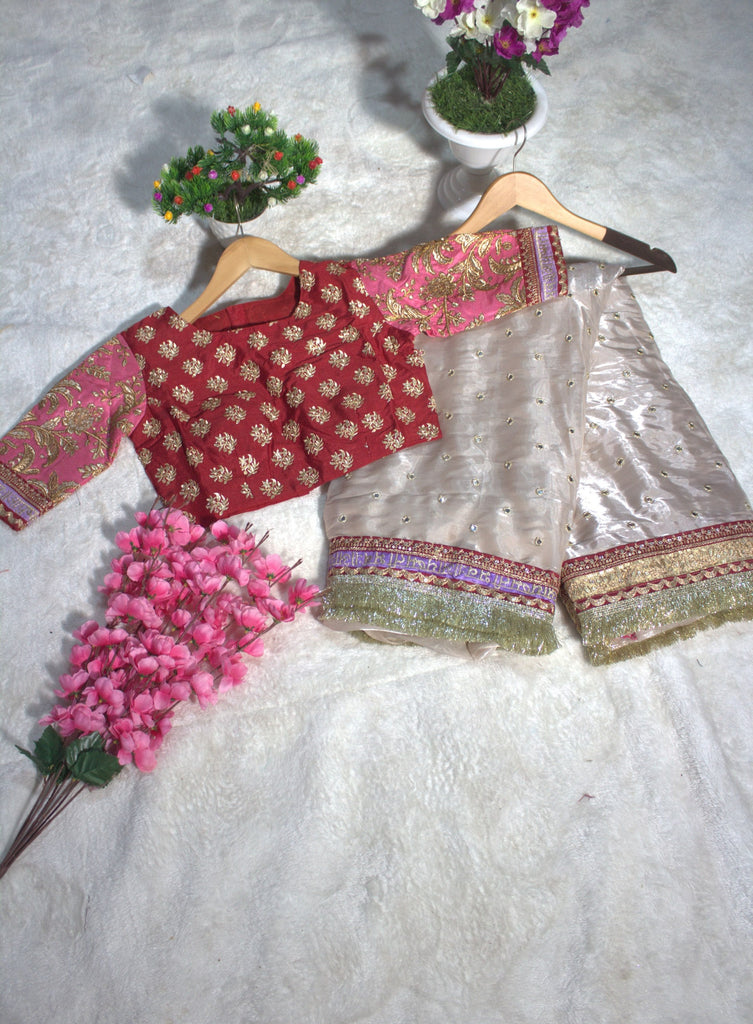 Mauve Designer Jimmy Choo Saree with Heavy Zari, Dori & Multi-Size Sequins Work | Bangalori Silk Blouse ClothsVilla
