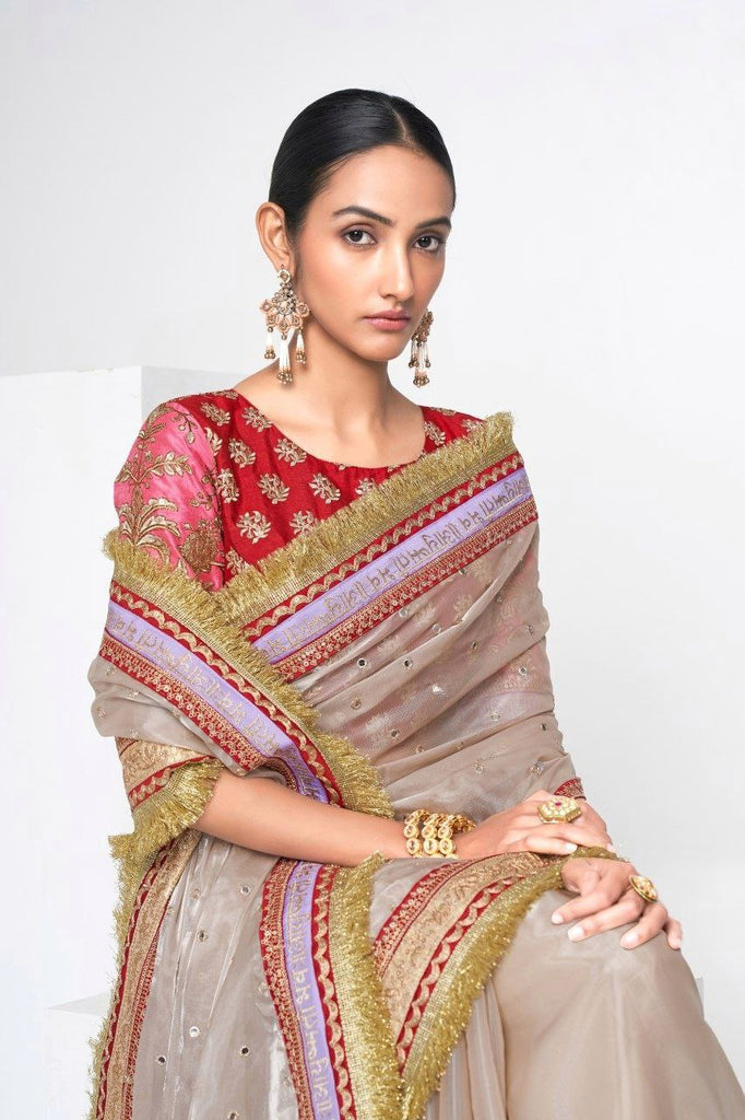 Mauve Designer Jimmy Choo Saree with Heavy Zari, Dori & Multi-Size Sequins Work | Bangalori Silk Blouse ClothsVilla