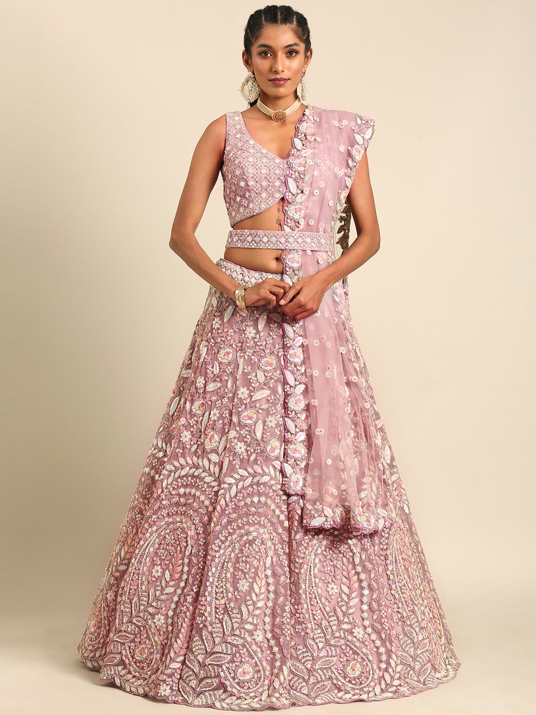 Mauve Net Multi Sequins with heavy Zarkan embroidery Semi-Stitched Lehenga choli & Dupatta Clothsvilla
