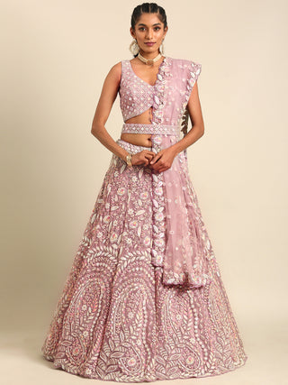 Mauve Net Multi Sequins with heavy Zarkan embroidery Semi-Stitched Lehenga choli & Dupatta Clothsvilla