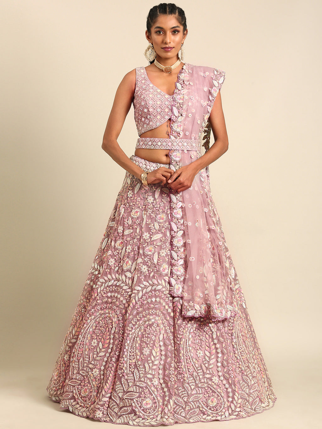 Mauve Net Multi Sequins with heavy Zarkan embroidery Semi-Stitched Lehenga choli & Dupatta Clothsvilla