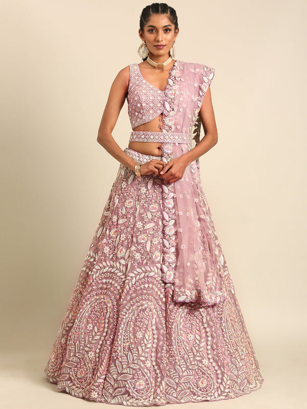 Mauve Net Multi Sequins with heavy Zarkan embroidery Semi-Stitched Lehenga choli & Dupatta Clothsvilla