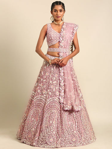 Mauve Net Multi Sequins with heavy Zarkan embroidery Semi-Stitched Lehenga choli & Dupatta Clothsvilla