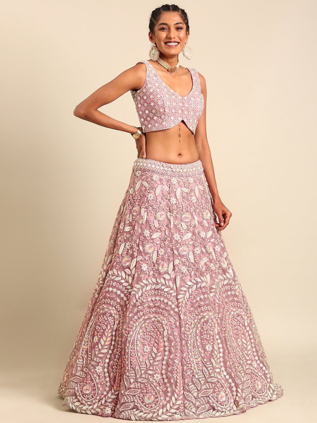 Mauve Net Multi Sequins with heavy Zarkan embroidery Semi-Stitched Lehenga choli & Dupatta Clothsvilla