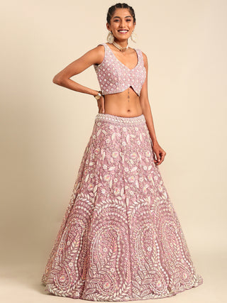 Mauve Net Multi Sequins with heavy Zarkan embroidery Semi-Stitched Lehenga choli & Dupatta Clothsvilla