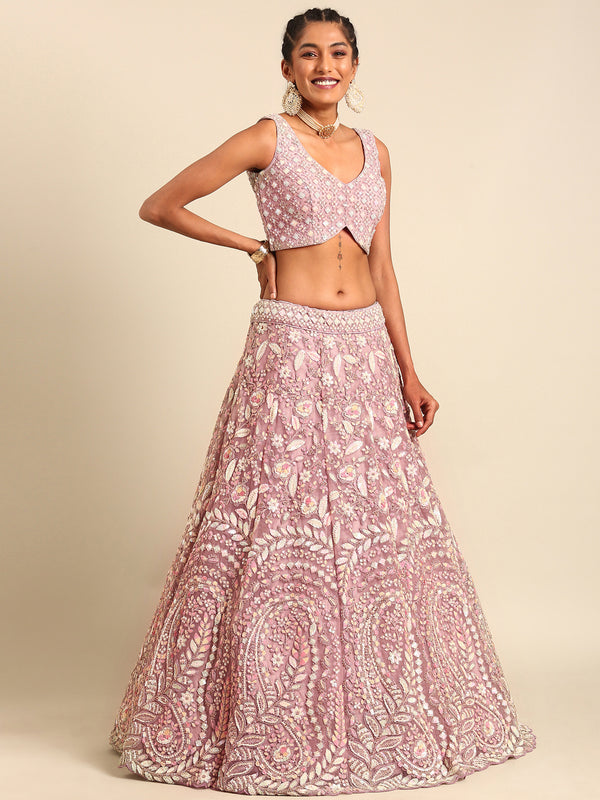 Mauve Net Multi Sequins with heavy Zarkan embroidery Semi-Stitched Lehenga choli & Dupatta Clothsvilla