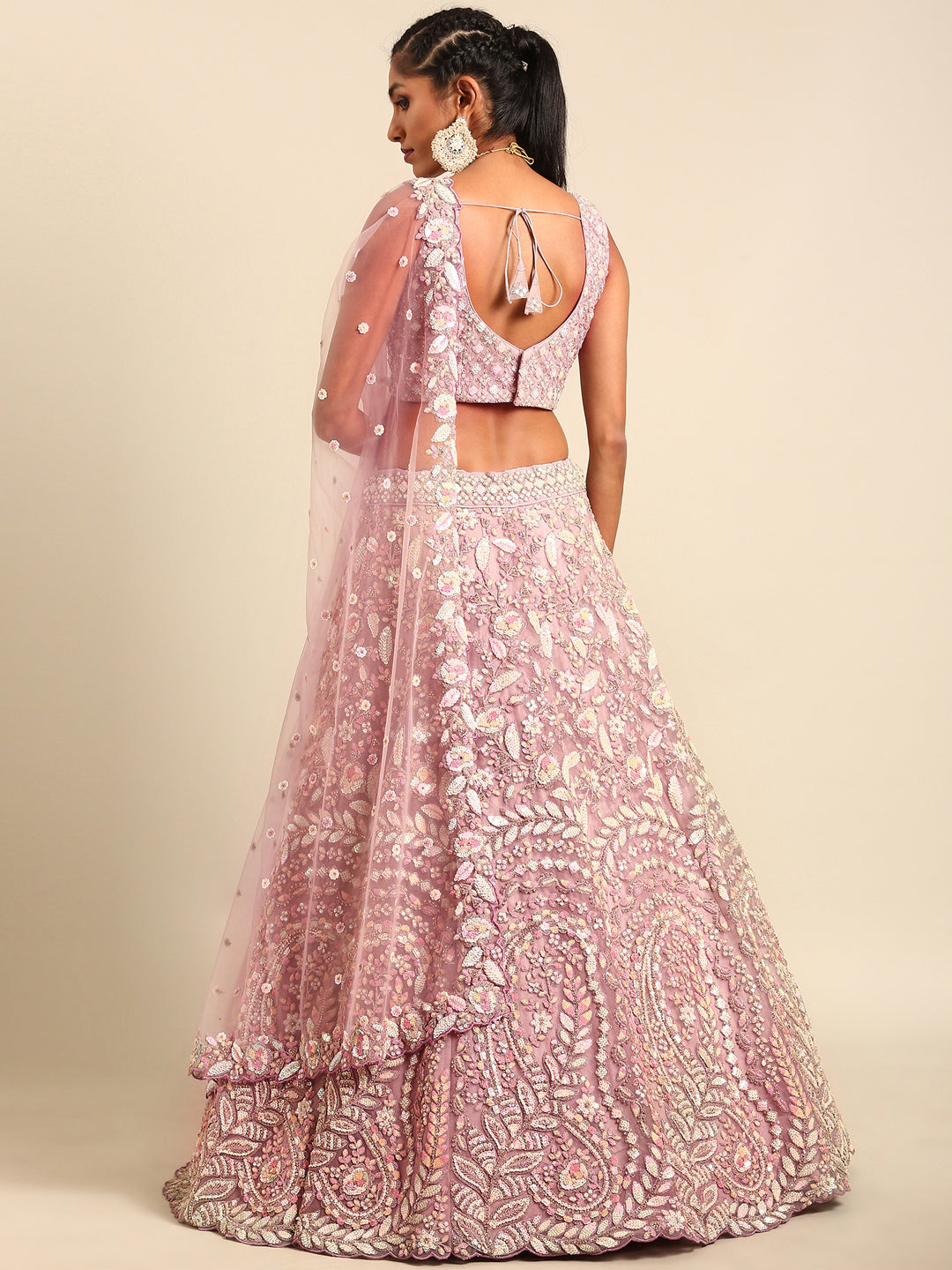 Mauve Net Multi Sequins with heavy Zarkan embroidery Semi-Stitched Lehenga choli & Dupatta Clothsvilla