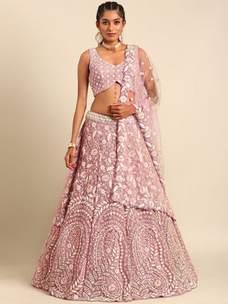 Mauve Net Multi Sequins with heavy Zarkan embroidery Semi-Stitched Lehenga choli & Dupatta Clothsvilla
