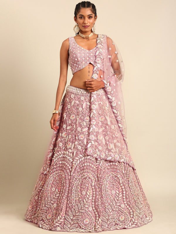 Mauve Net Multi Sequins with heavy Zarkan embroidery Semi-Stitched Lehenga choli & Dupatta Clothsvilla