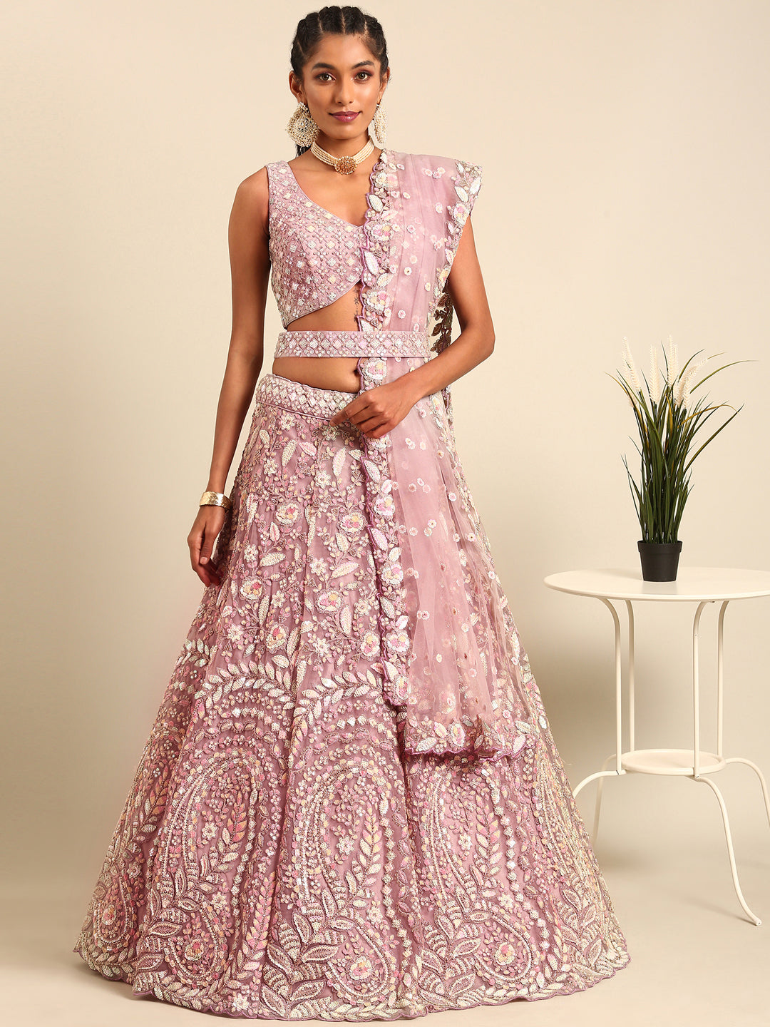 Mauve Net Multi Sequins with heavy Zarkan embroidery Semi-Stitched Lehenga choli & Dupatta Clothsvilla