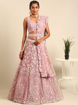 Mauve Net Multi Sequins with heavy Zarkan embroidery Semi-Stitched Lehenga choli & Dupatta Clothsvilla