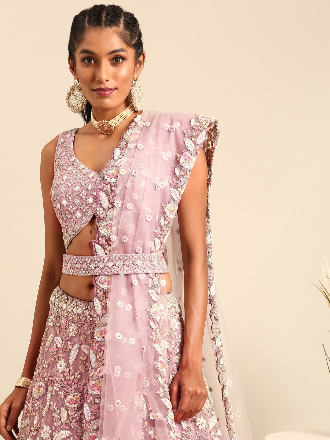 Mauve Net Multi Sequins with heavy Zarkan embroidery Semi-Stitched Lehenga choli & Dupatta Clothsvilla