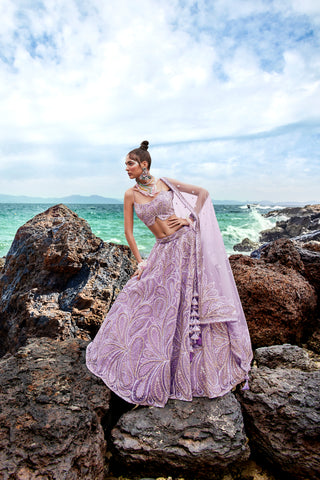 Mauve Net Multi Sequins with heavy Zarkan embroidery Semi-Stitched Lehenga choli & Dupatta Clothsvilla