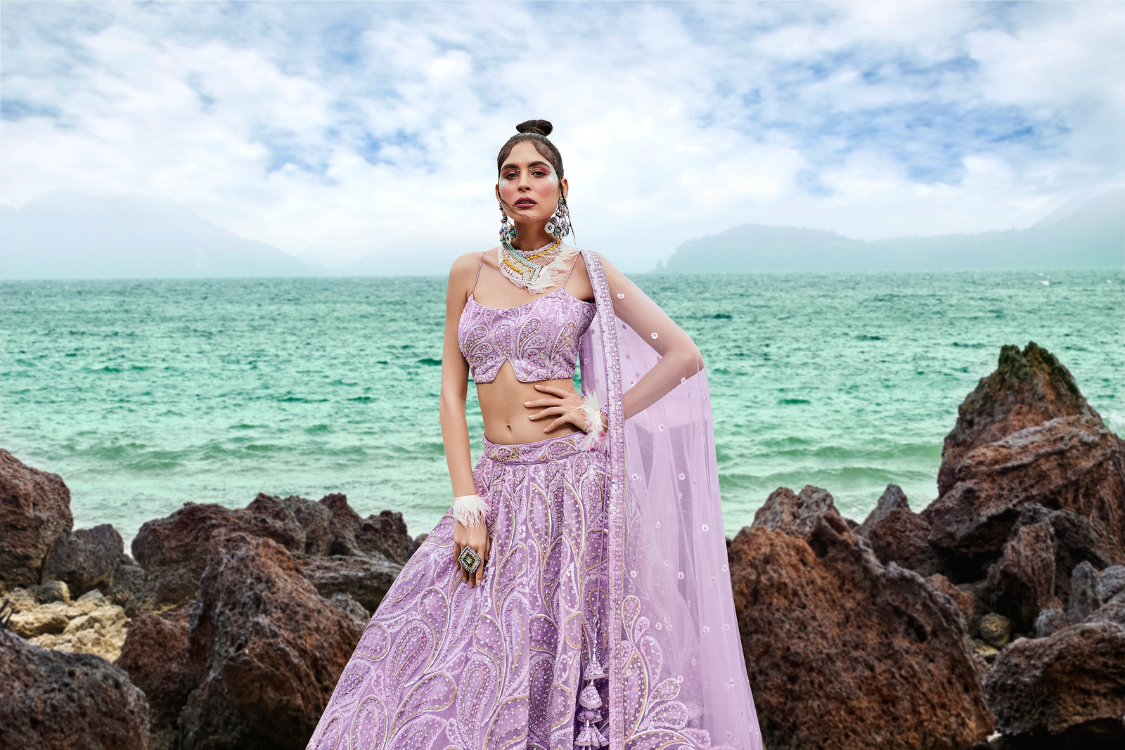 Mauve Net Multi Sequins with heavy Zarkan embroidery Semi-Stitched Lehenga choli & Dupatta Clothsvilla