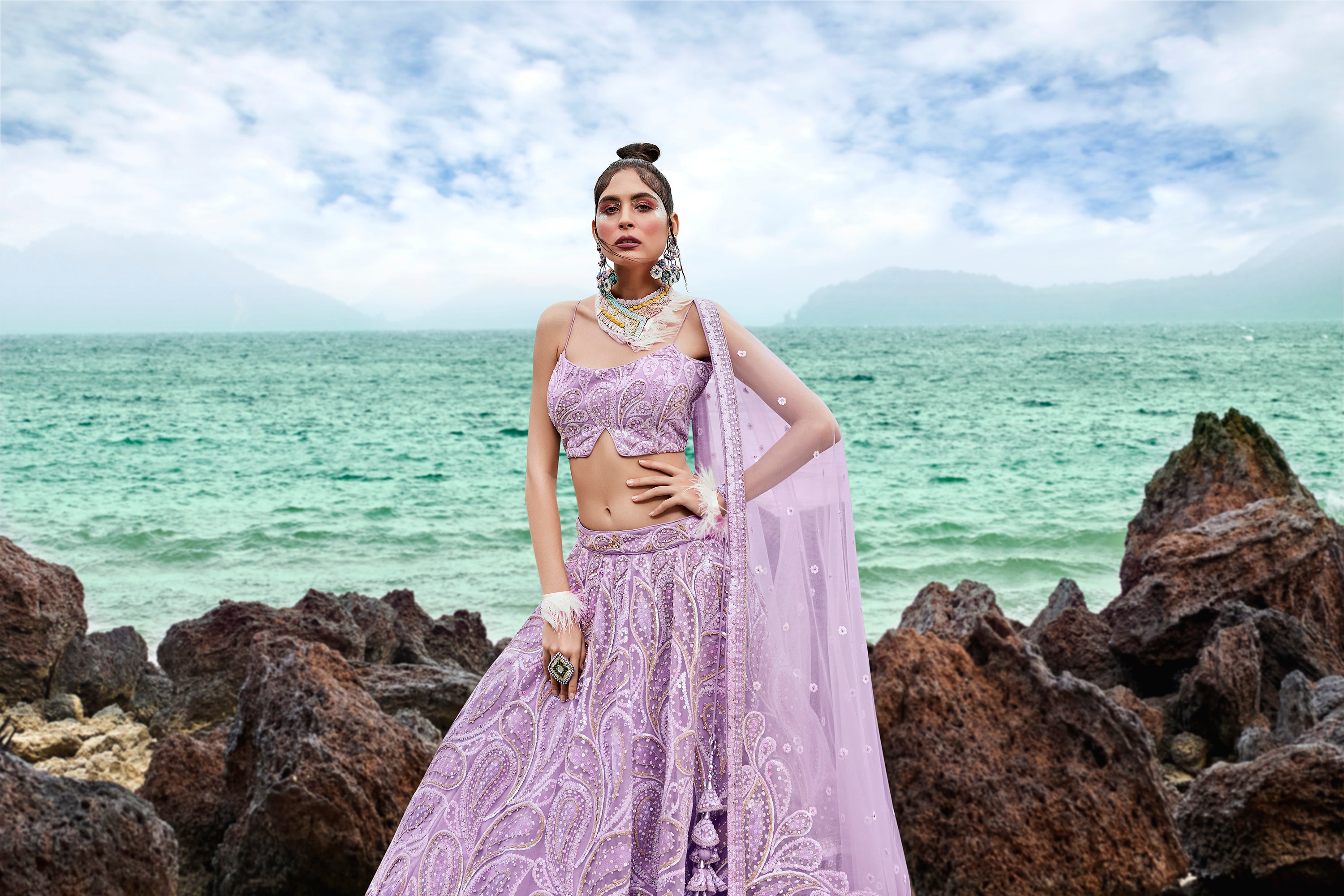 Mauve Net Multi Sequins with heavy Zarkan embroidery Semi-Stitched Lehenga choli & Dupatta Clothsvilla