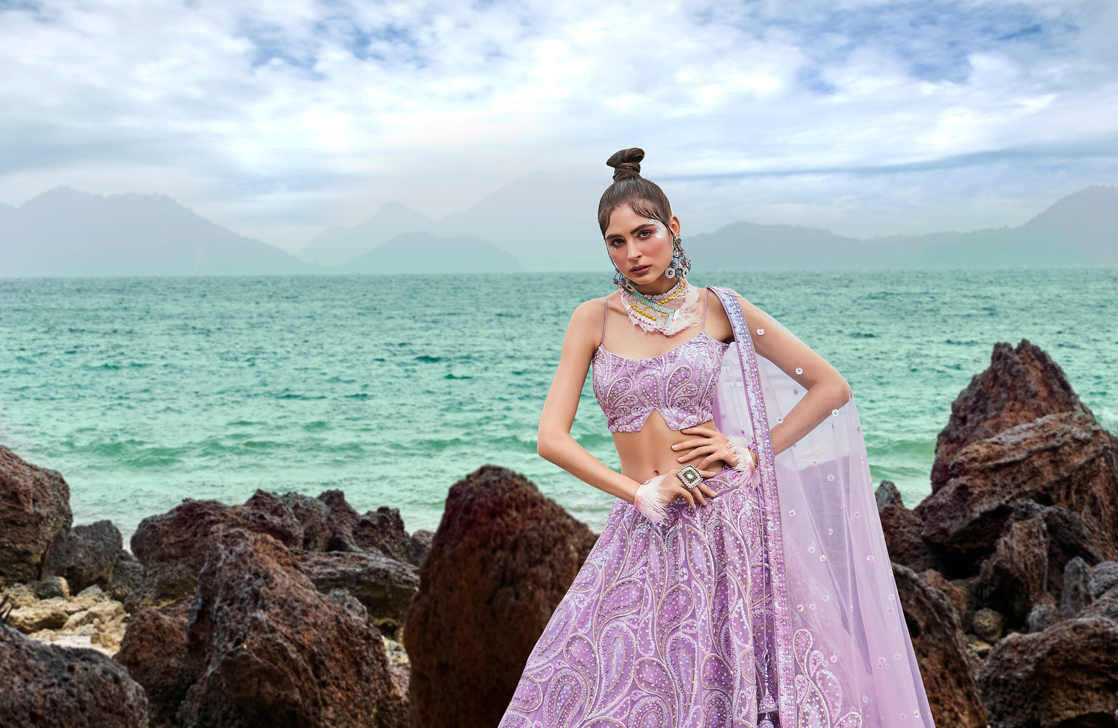 Mauve Net Multi Sequins with heavy Zarkan embroidery Semi-Stitched Lehenga choli & Dupatta Clothsvilla