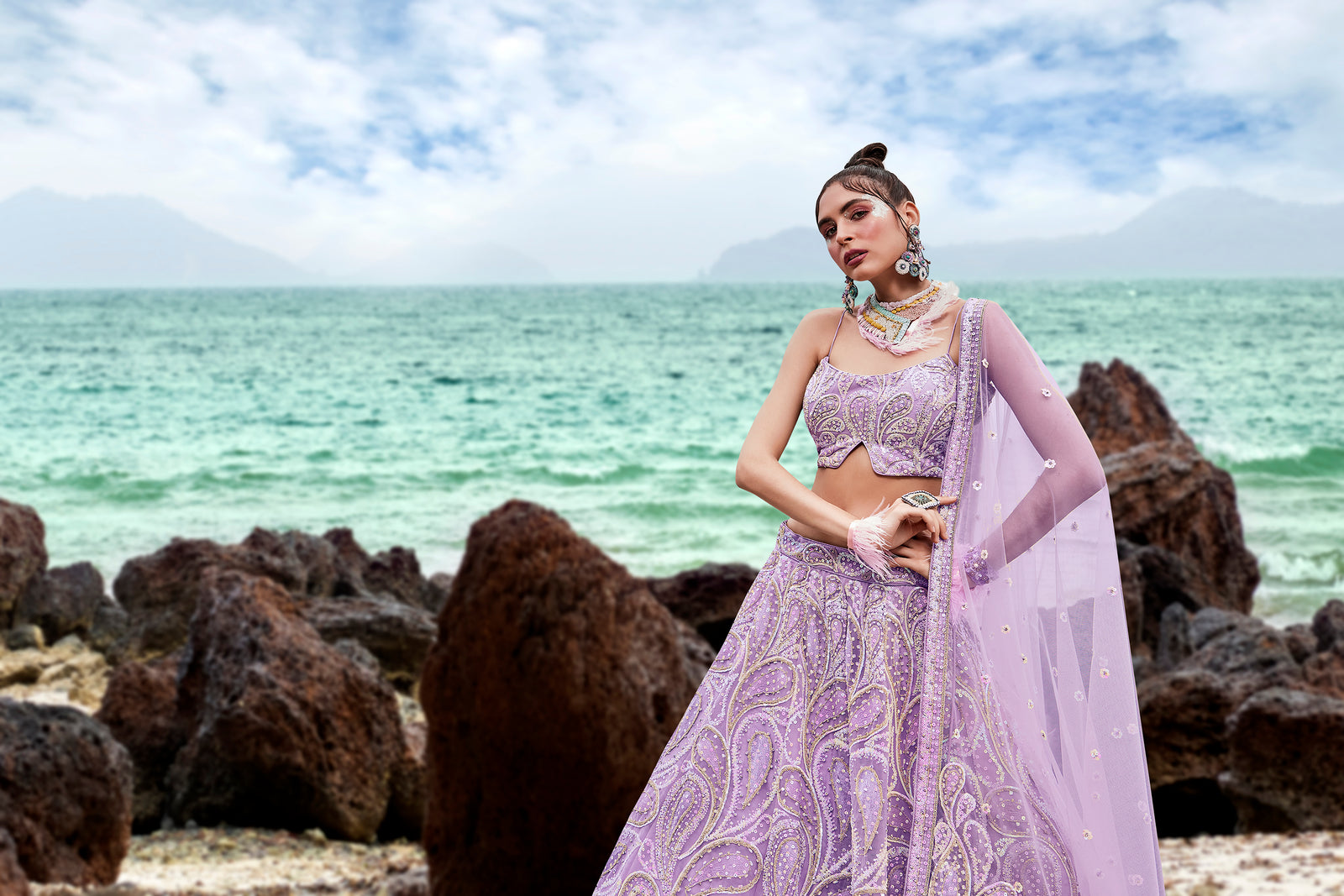 Mauve Net Multi Sequins with heavy Zarkan embroidery Semi-Stitched Lehenga choli & Dupatta Clothsvilla