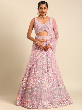 Mauve Net Multi Sequins with heavy Zarkan embroidery Semi-Stitched Lehenga choli & Dupatta ClothsVilla