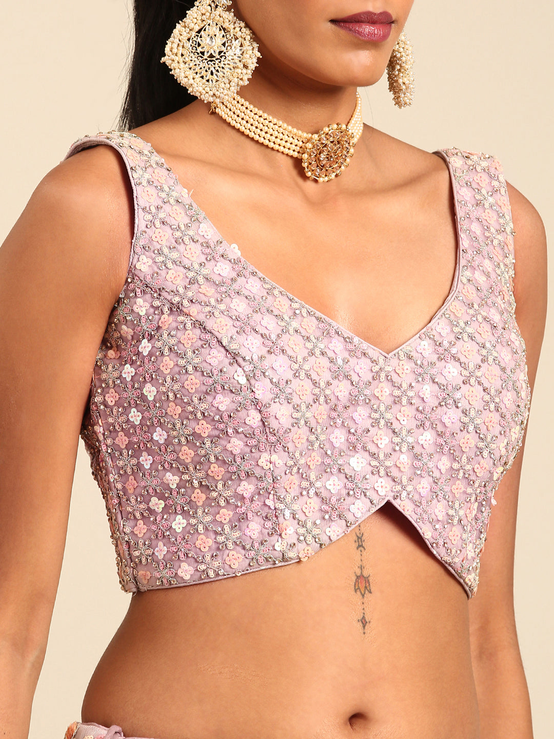 Mauve Net Multi Sequins with heavy Zarkan embroidery Semi-Stitched Lehenga choli & Dupatta ClothsVilla