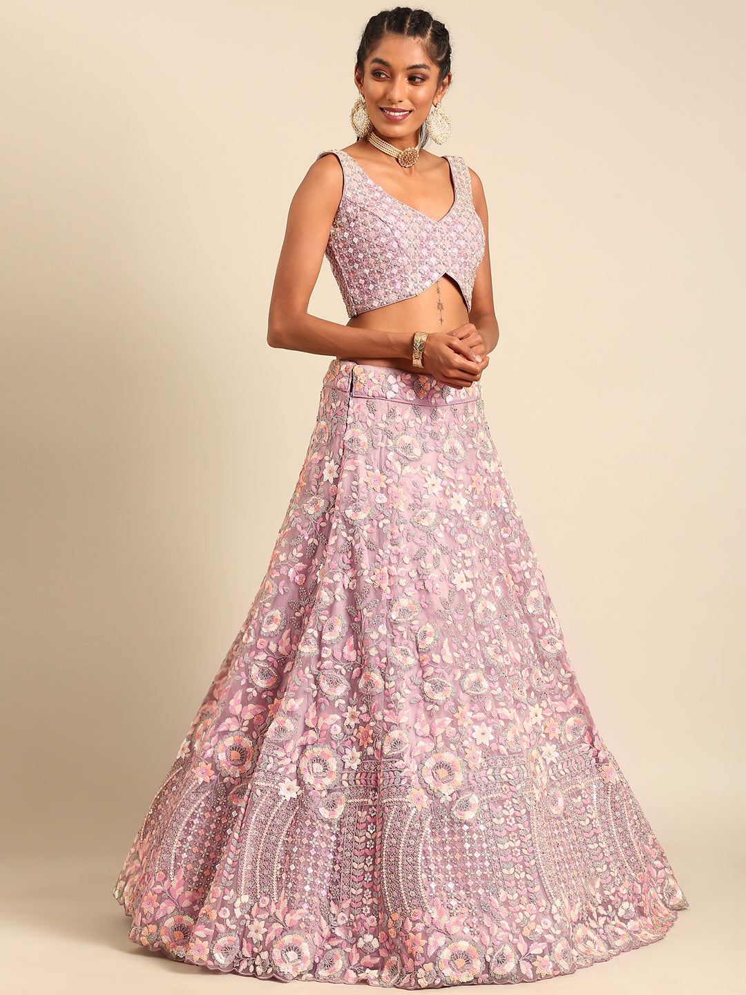 Mauve Net Multi Sequins with heavy Zarkan embroidery Semi-Stitched Lehenga choli & Dupatta ClothsVilla