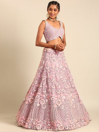 Mauve Net Multi Sequins with heavy Zarkan embroidery Semi-Stitched Lehenga choli & Dupatta ClothsVilla