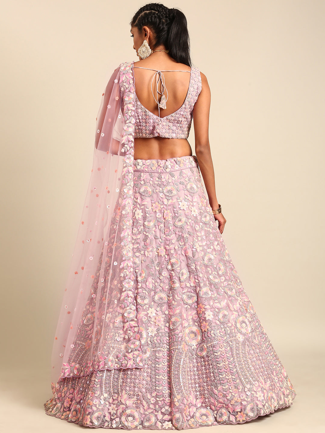Mauve Net Multi Sequins with heavy Zarkan embroidery Semi-Stitched Lehenga choli & Dupatta ClothsVilla