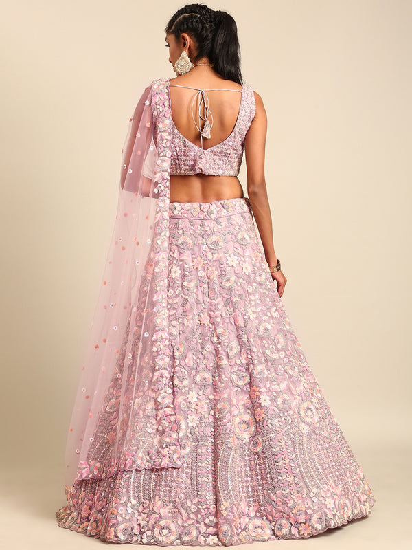 Mauve Net Multi Sequins with heavy Zarkan embroidery Semi-Stitched Lehenga choli & Dupatta ClothsVilla