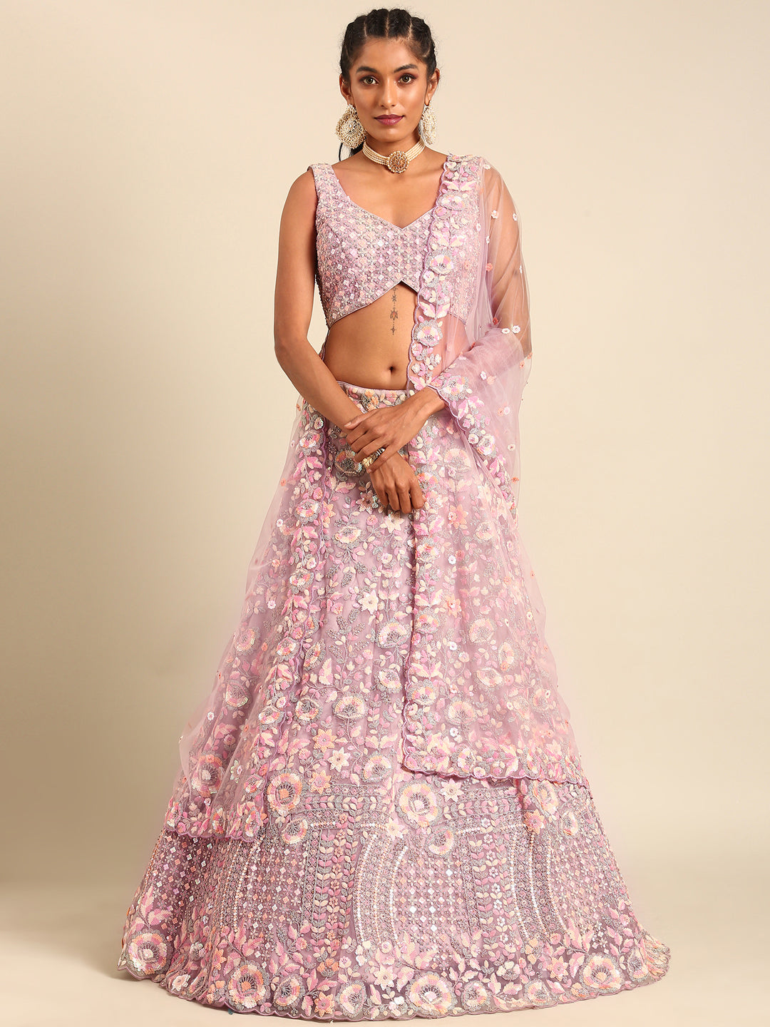 Mauve Net Multi Sequins with heavy Zarkan embroidery Semi-Stitched Lehenga choli & Dupatta ClothsVilla