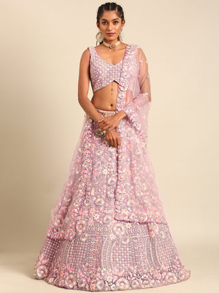 Mauve Net Multi Sequins with heavy Zarkan embroidery Semi-Stitched Lehenga choli & Dupatta ClothsVilla