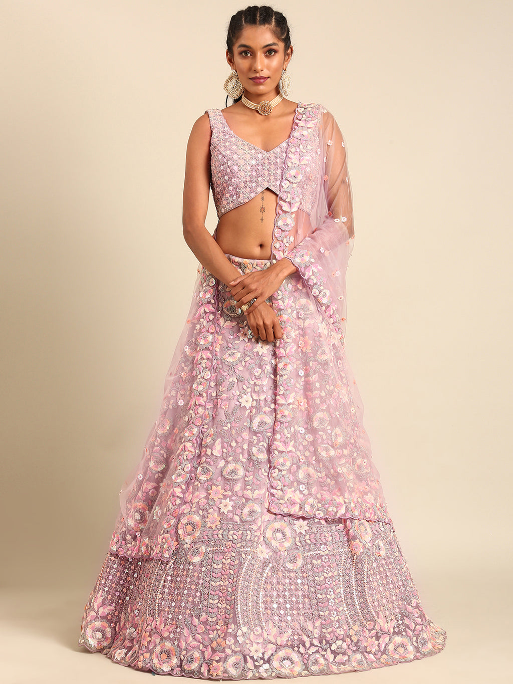 Mauve Net Multi Sequins with heavy Zarkan embroidery Semi-Stitched Lehenga choli & Dupatta ClothsVilla