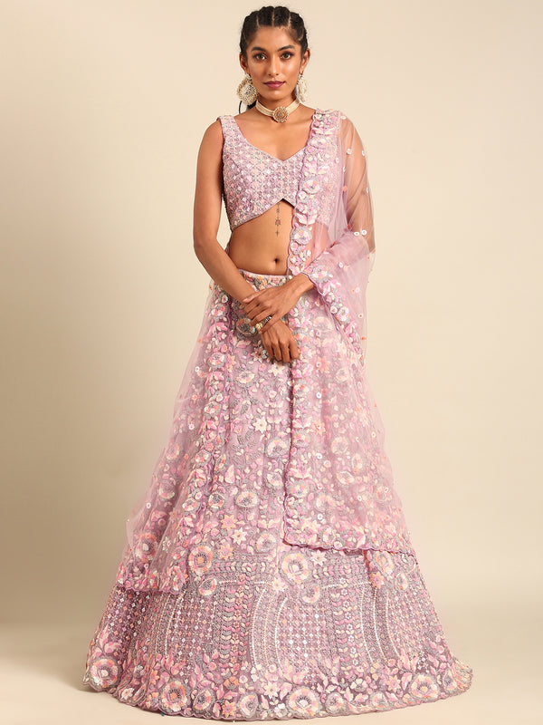 Mauve Net Multi Sequins with heavy Zarkan embroidery Semi-Stitched Lehenga choli & Dupatta ClothsVilla