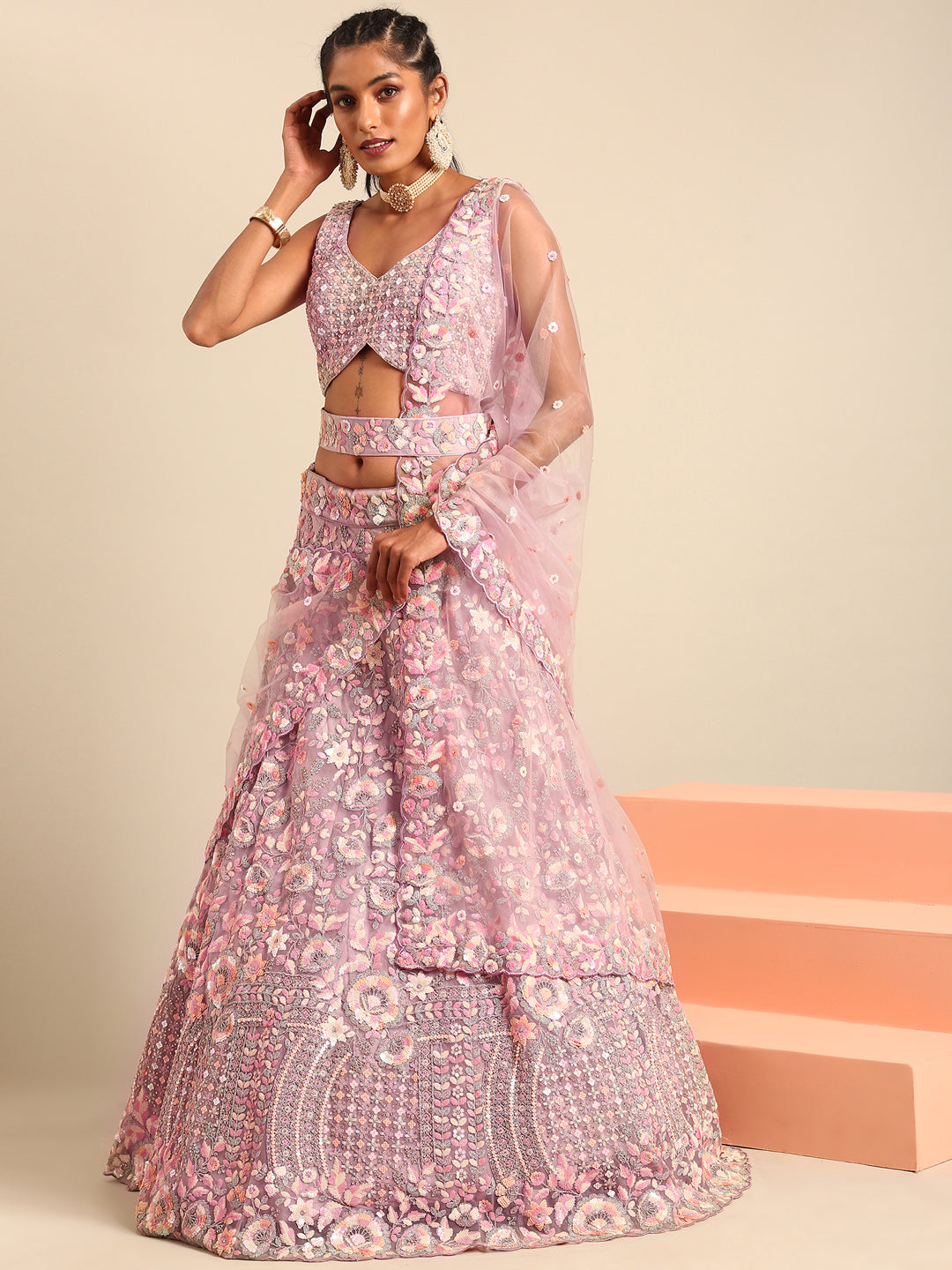 Mauve Net Multi Sequins with heavy Zarkan embroidery Semi-Stitched Lehenga choli & Dupatta ClothsVilla