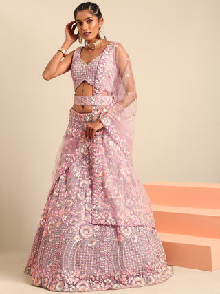 Mauve Net Multi Sequins with heavy Zarkan embroidery Semi-Stitched Lehenga choli & Dupatta ClothsVilla