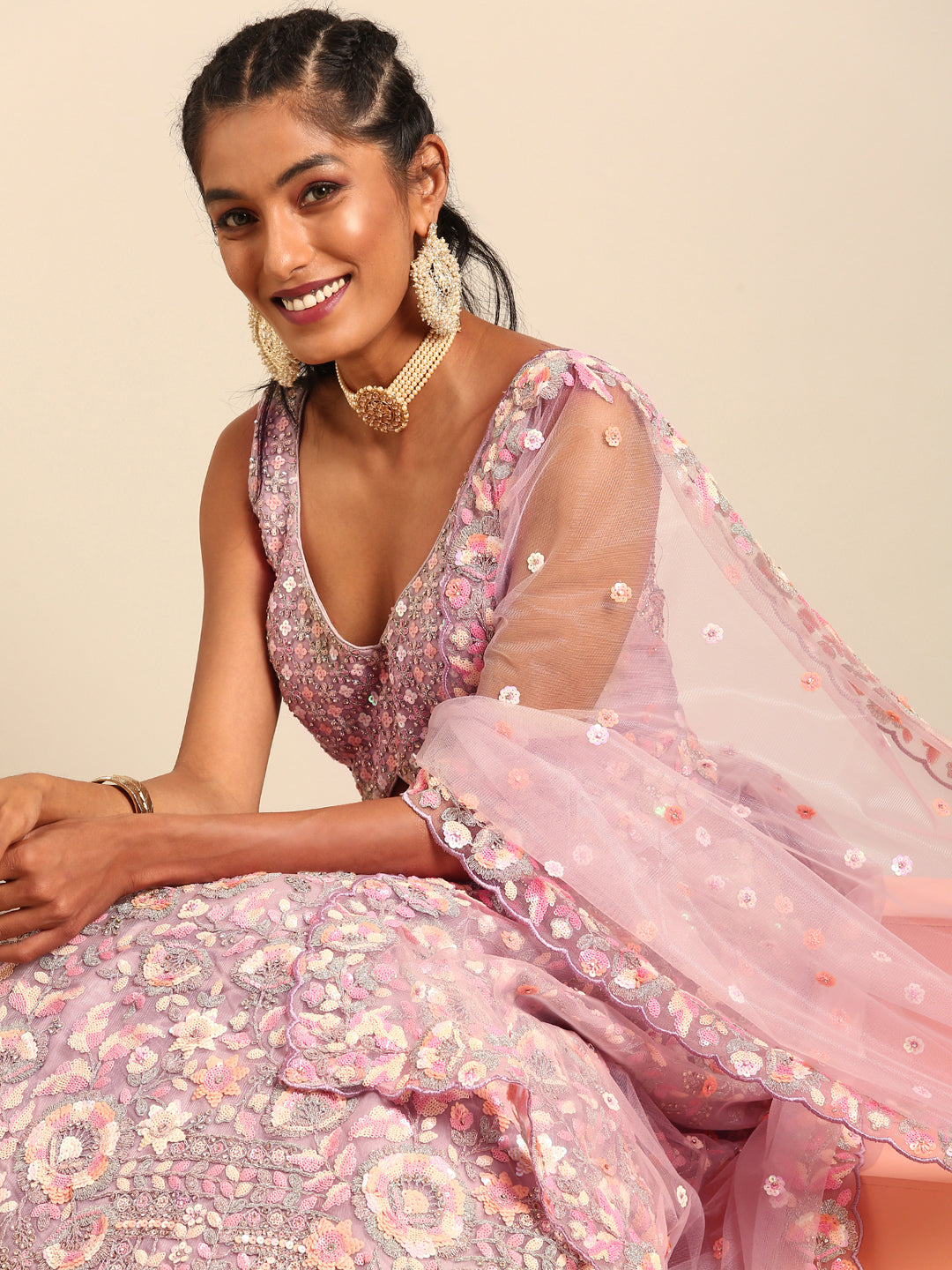 Mauve Net Multi Sequins with heavy Zarkan embroidery Semi-Stitched Lehenga choli & Dupatta ClothsVilla