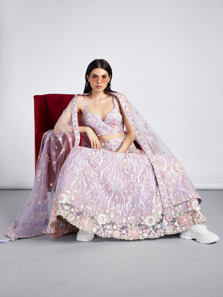 Mauve Net Sequins and thread embroidery Semi-Stitched Lehenga choli & Dupatta ClothsVilla