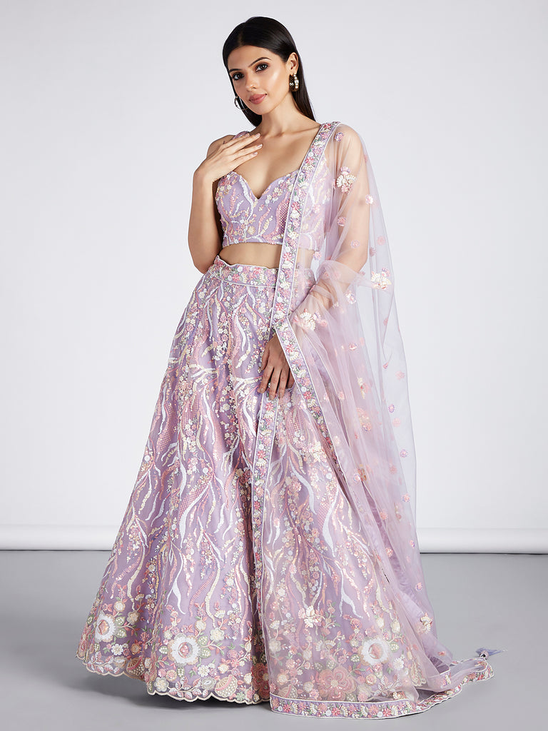 Mauve Net Sequins and thread embroidery Semi-Stitched Lehenga choli & Dupatta ClothsVilla