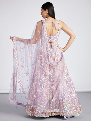 Mauve Net Sequins and thread embroidery Semi-Stitched Lehenga choli & Dupatta ClothsVilla