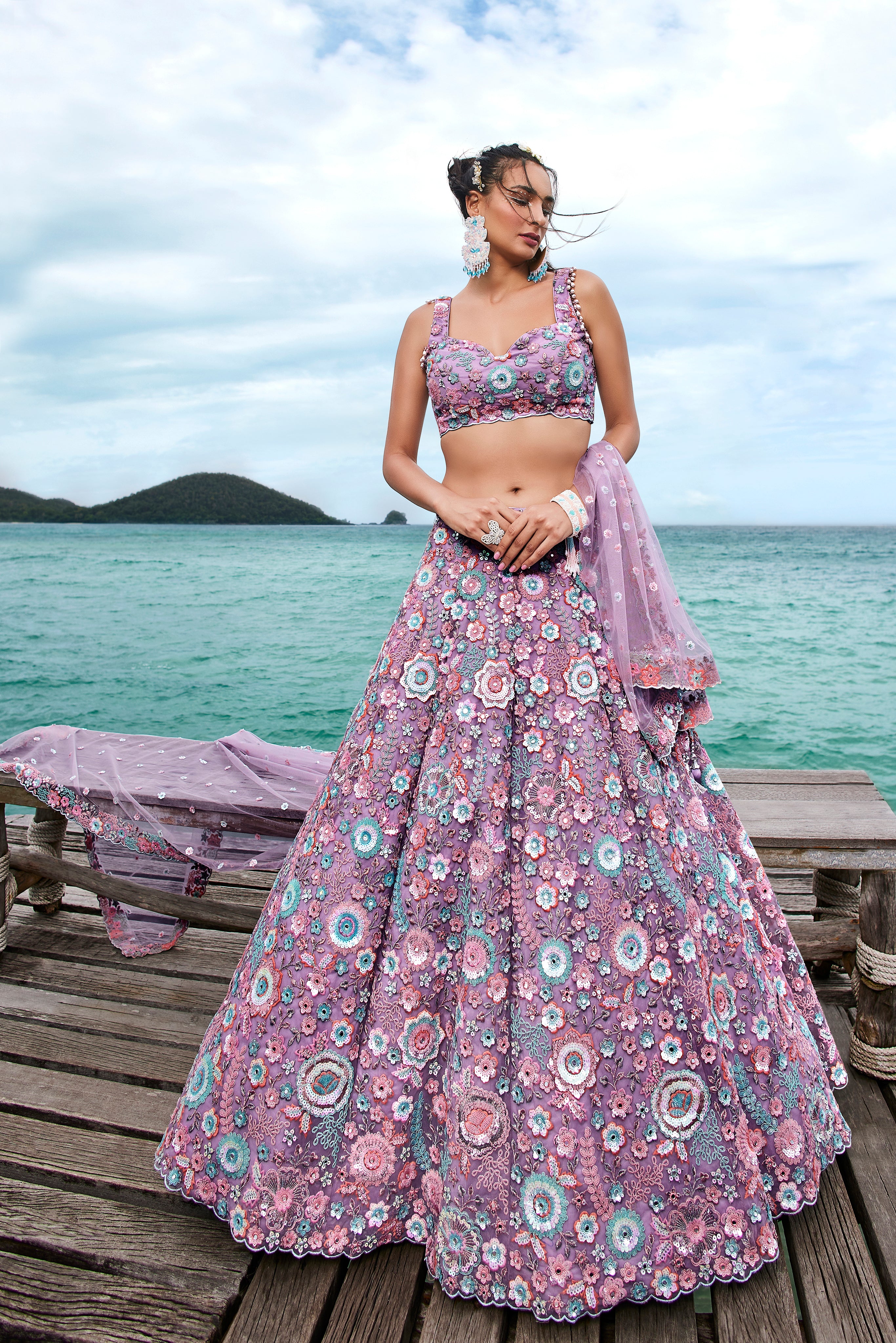 Mauve Net Sequins, Mirror and thread embroidery Semi-Stitched Lehenga choli & Dupatta Clothsvilla