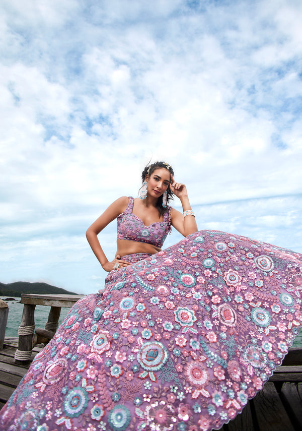 Mauve Net Sequins, Mirror and thread embroidery Semi-Stitched Lehenga choli & Dupatta Clothsvilla