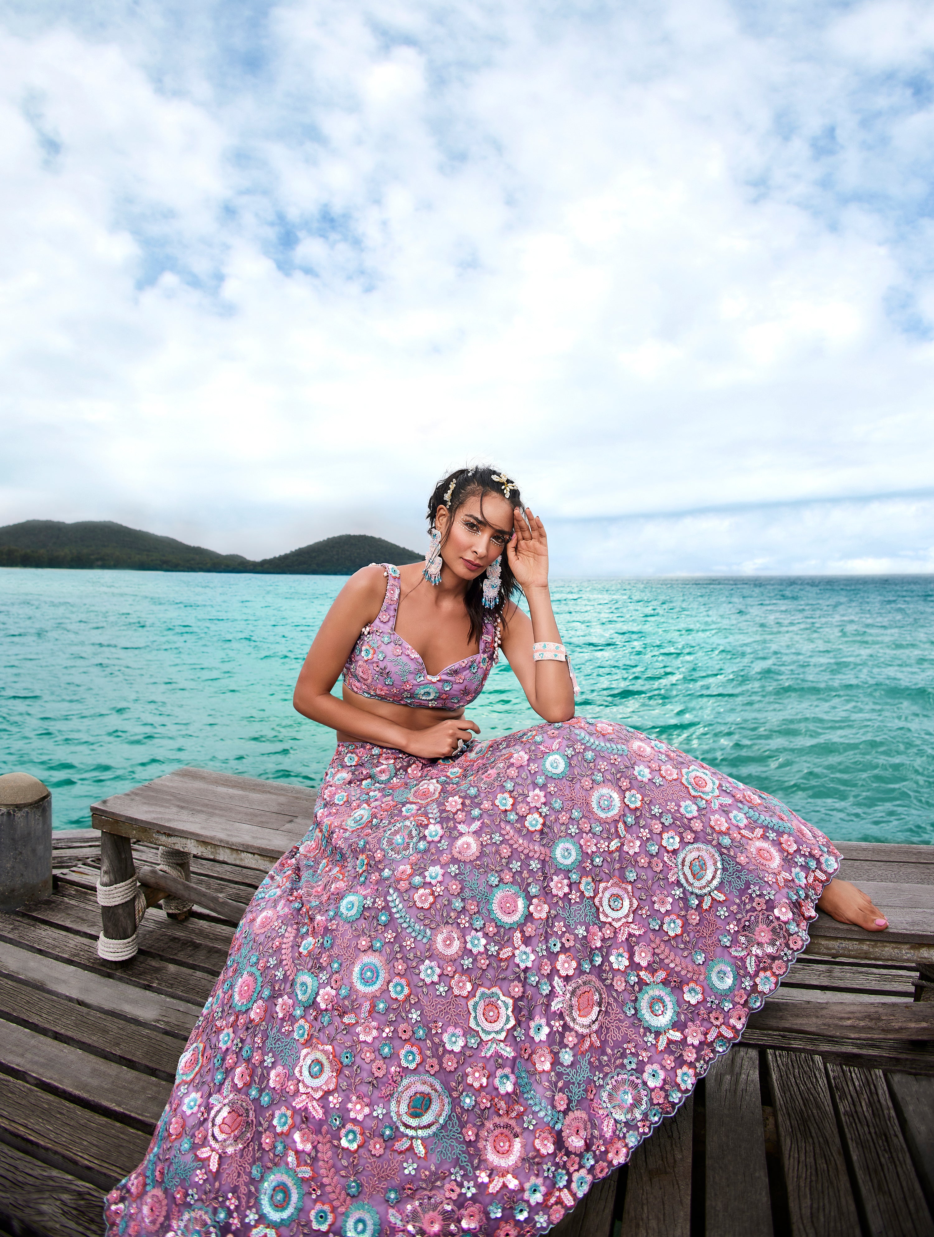 Mauve Net Sequins, Mirror and thread embroidery Semi-Stitched Lehenga choli & Dupatta Clothsvilla
