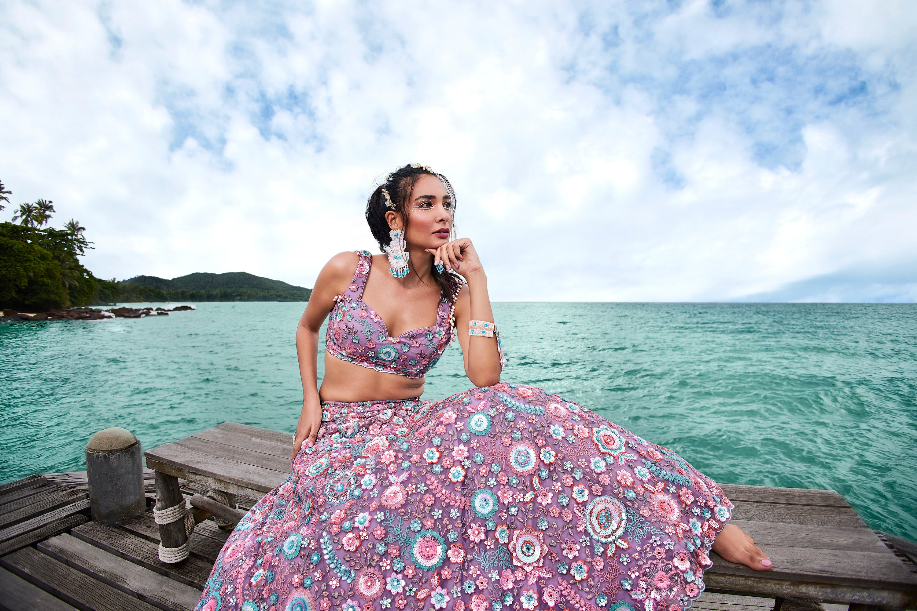 Mauve Net Sequins, Mirror and thread embroidery Semi-Stitched Lehenga choli & Dupatta Clothsvilla