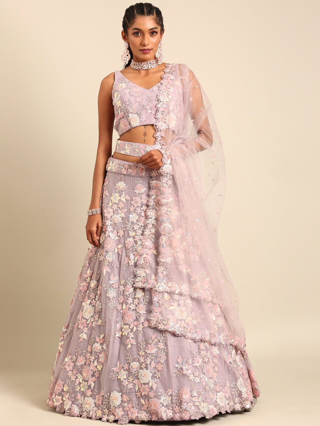 Mauve Net Sequins with heavy Zarkan embroidery Semi-Stitched Lehenga choli & Dupatta ClothsVilla