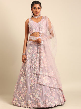 Mauve Net Sequins with heavy Zarkan embroidery Semi-Stitched Lehenga choli & Dupatta ClothsVilla