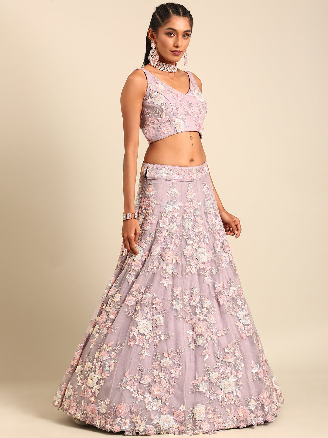 Mauve Net Sequins with heavy Zarkan embroidery Semi-Stitched Lehenga choli & Dupatta ClothsVilla