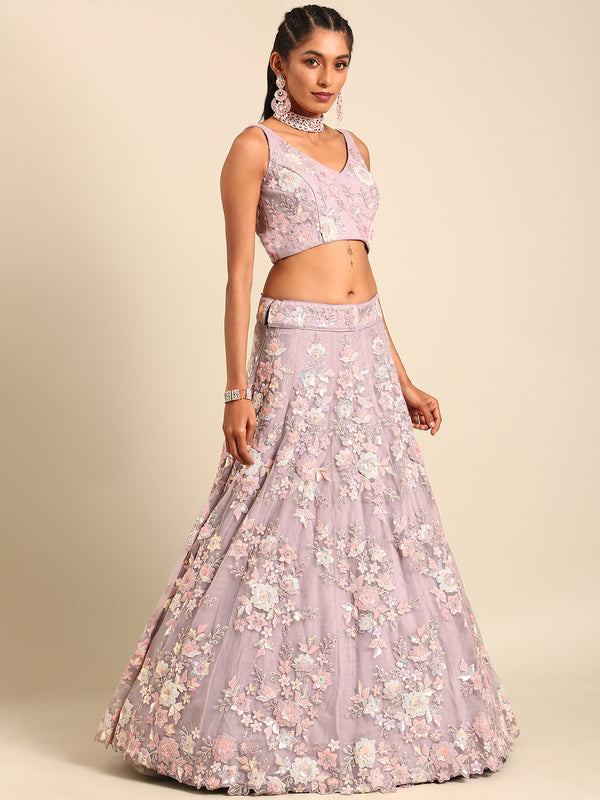 Mauve Net Sequins with heavy Zarkan embroidery Semi-Stitched Lehenga choli & Dupatta ClothsVilla