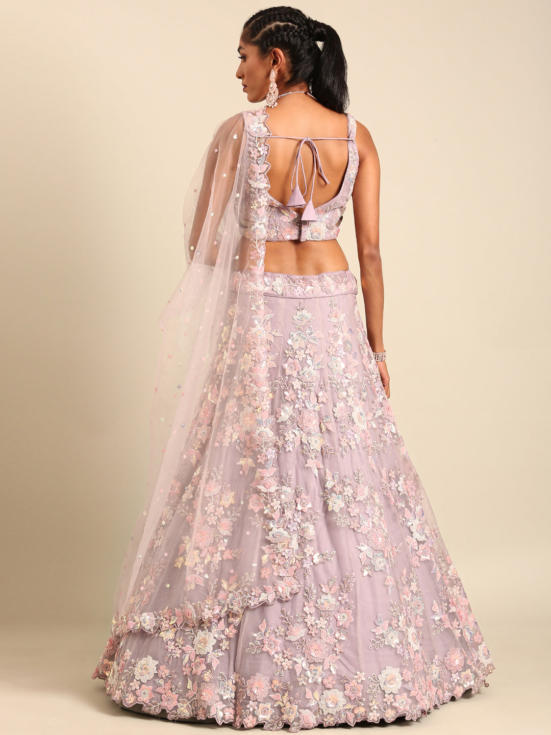 Mauve Net Sequins with heavy Zarkan embroidery Semi-Stitched Lehenga choli & Dupatta ClothsVilla